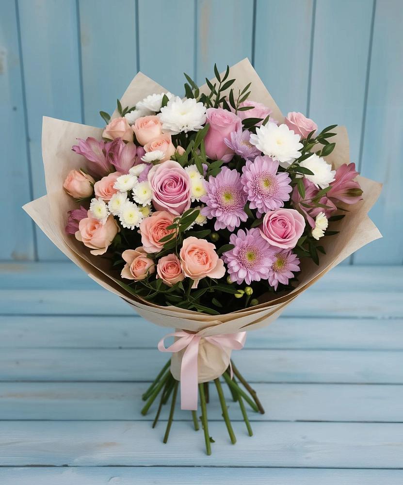Букет цветов из: Хризантемы, Розы и Альстромерии в Озерске
